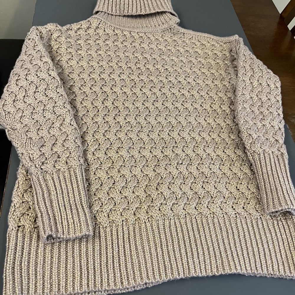 Addition Elle Cream and Gold Turtleneck Sweater with Textured Knit